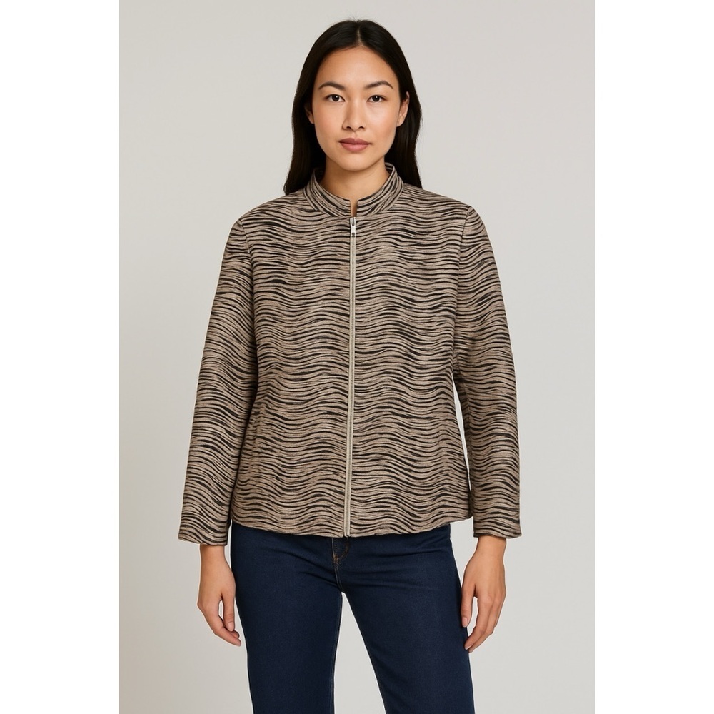 Lafayette 148 New York Wavy Tiger Stripe Lightweight Full Zip Beige Black